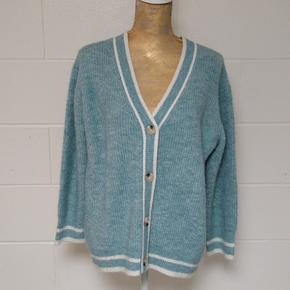 A new day Pastel blue green/cream trim classic academia button up cardigan